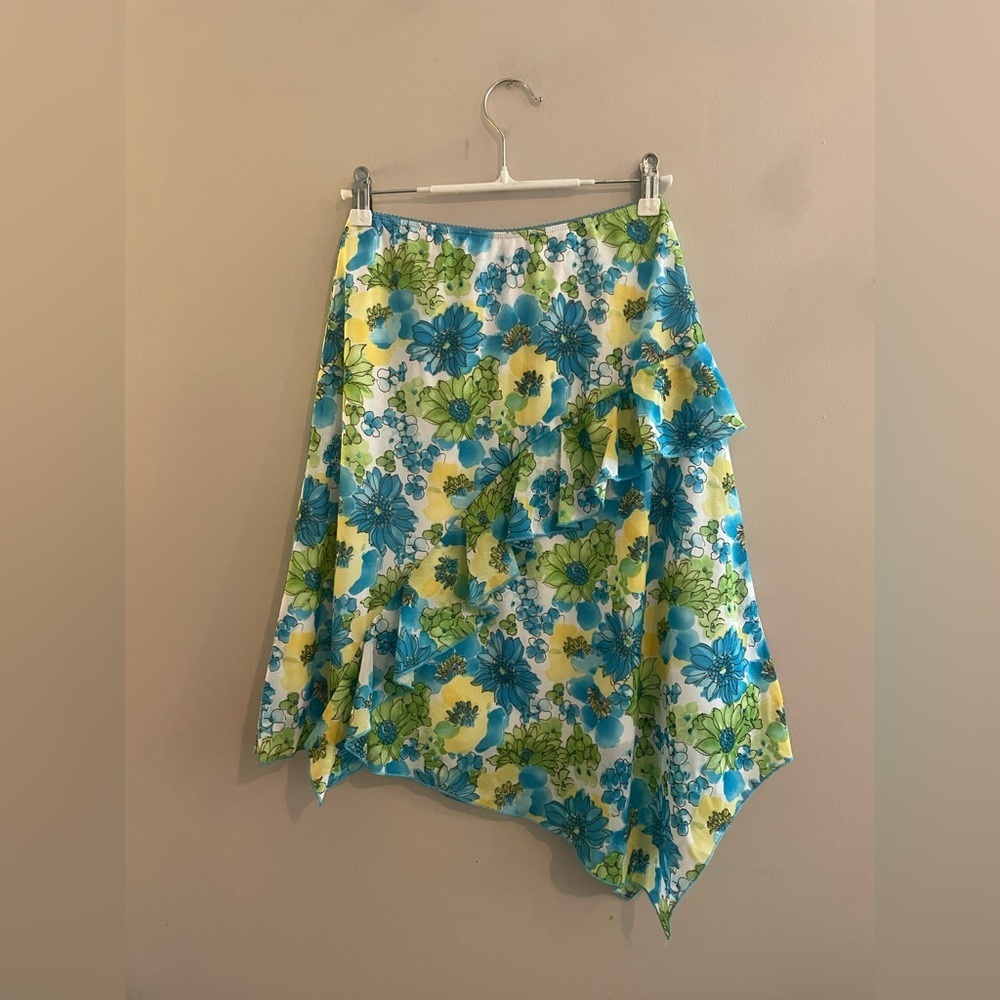 Y2K Vintage MIDI Asymmetrical Skirt Speechless Pre-Teen Blue and Green Floral
